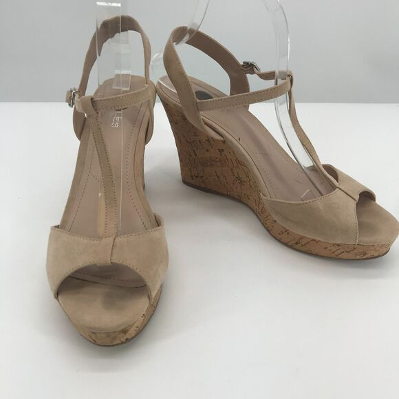 David by Charles David Cork Wedge Womens 10 Tan Faux Suede T Strap Peep Toe - Picture 1 of 11